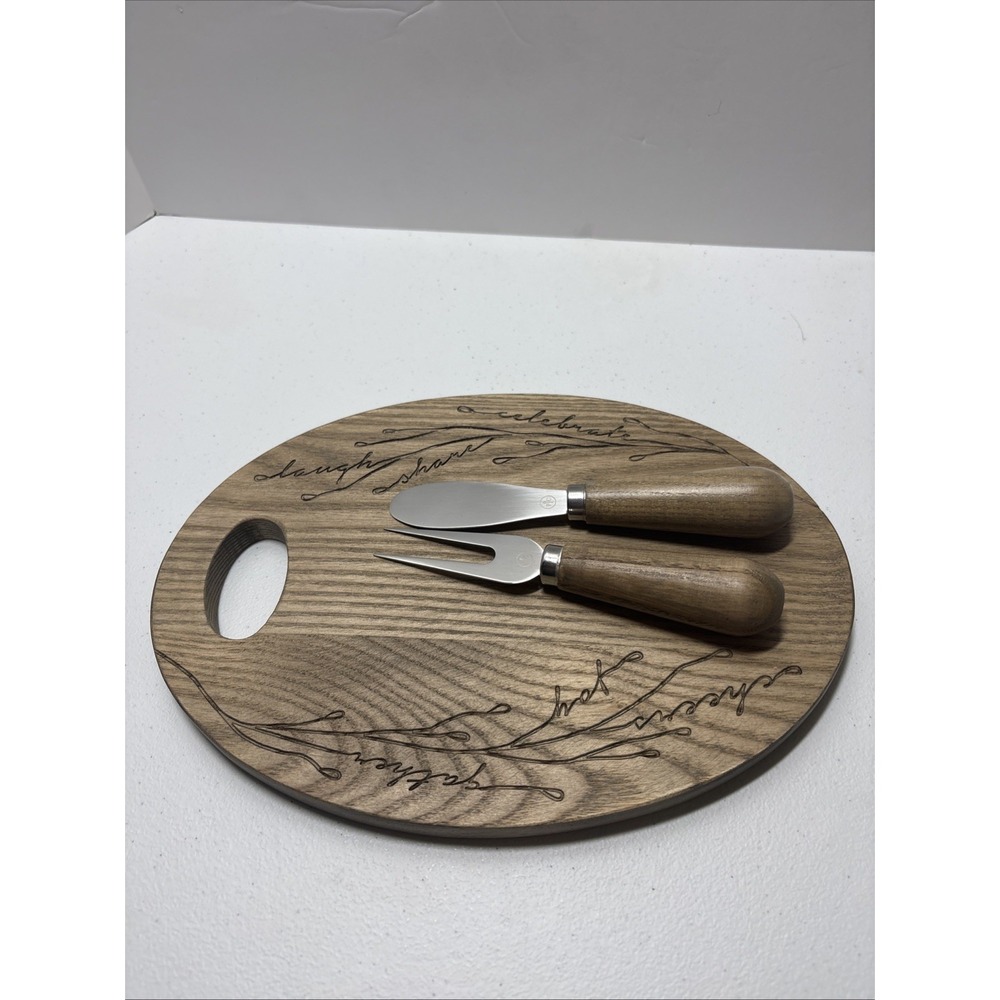 Pampered Chef Discontinued Ash Wood Cheese Board 10" W/ 2 pc Knife & Fork EUC